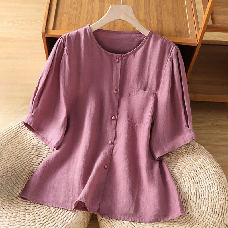 Buddha Stones Camicia da donna estiva casual minimalista a maniche corte con bottoni e taschino applicato, tinta unita. - Marrone rosato - US8-10, UK/AU12-14, EU40-42 (2XL) - image 0