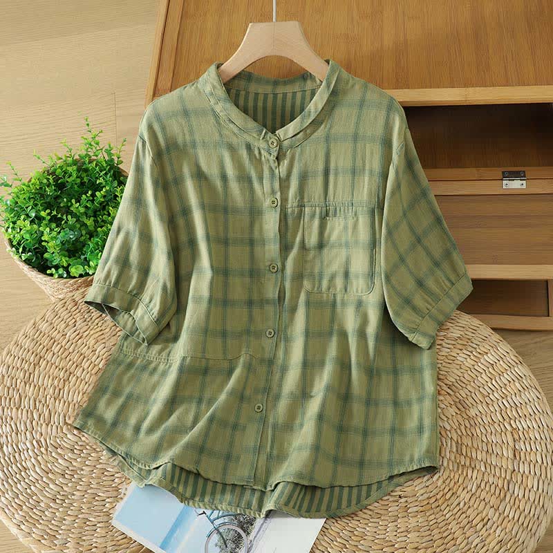 Buddha Stones Camicia da donna estiva casual a quadri vintage a maniche corte con tasca applicata - GialloVerde - US12, UK/AU16, EU44 (XL) - image 0