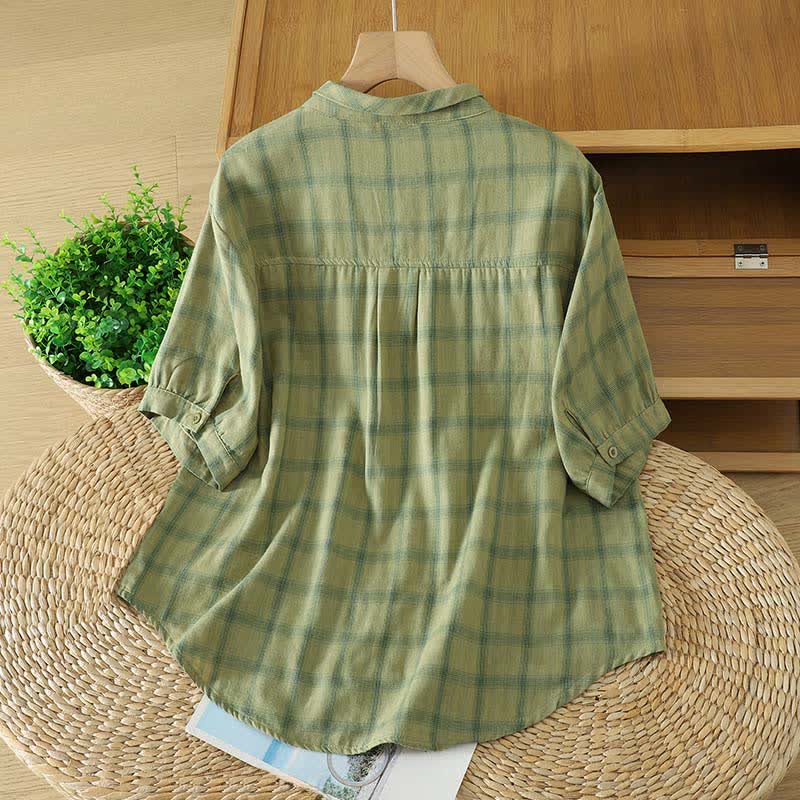 Buddha Stones Camicia da donna estiva casual a quadri vintage a maniche corte con tasca applicata - image 1