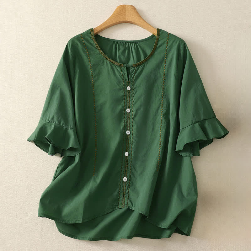Buddha Stones Camicia da donna estiva in stile boho casual con bottoni, maniche a campana e volant, a maniche corte. - Verde studentesco - US12, UK/AU16, EU44 (2XL) - image 0
