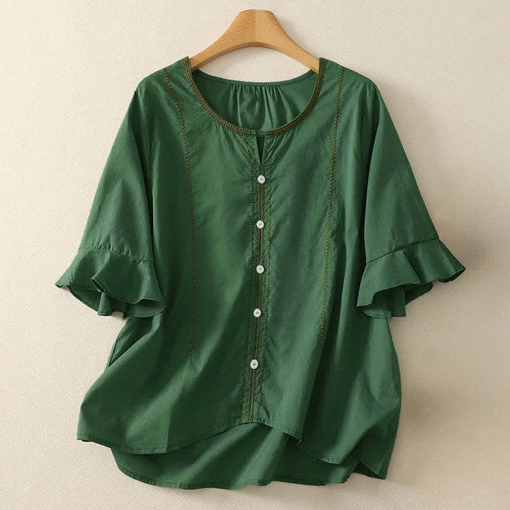 Buddha Stones Camicia da donna estiva in stile boho casual con bottoni, maniche a campana e volant, a maniche corte. - Verde studentesco - US12, UK/AU16, EU44 (2XL) - image 0