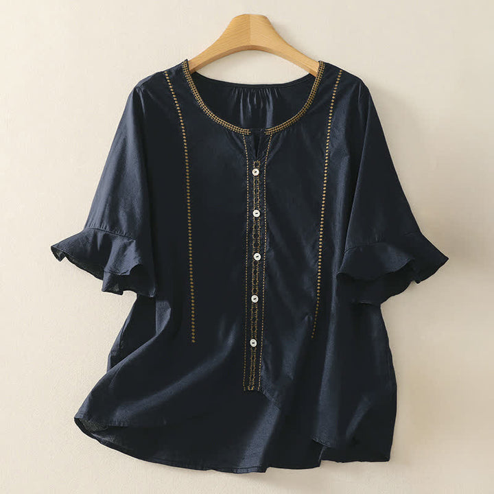 Buddha Stones Camicia da donna estiva in stile boho casual con bottoni, maniche a campana e volant, a maniche corte. - Marina - US12, UK/AU16, EU44 (2XL) - image 5
