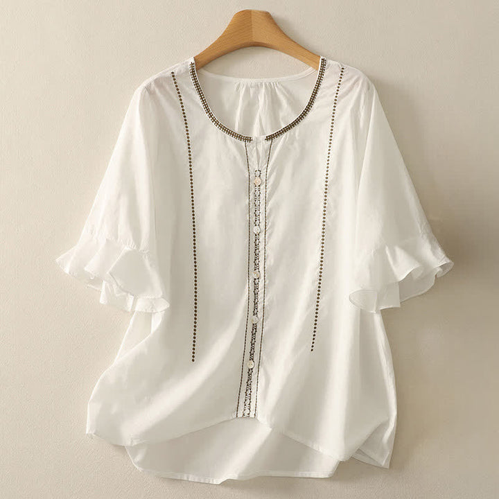 Buddha Stones Camicia da donna estiva in stile boho casual con bottoni, maniche a campana e volant, a maniche corte. - Bianco - US12, UK/AU16, EU44 (2XL) - image 16