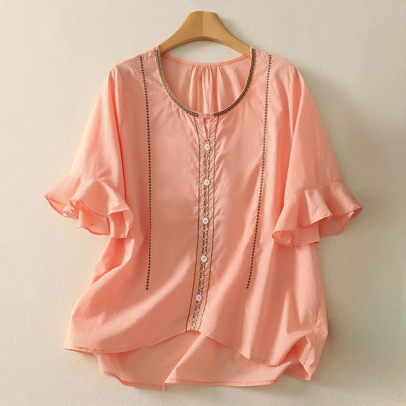 Buddha Stones Camicia da donna estiva in stile boho casual con bottoni, maniche a campana e volant, a maniche corte. - Salmone chiaro - US12, UK/AU16, EU44 (2XL) - image 10