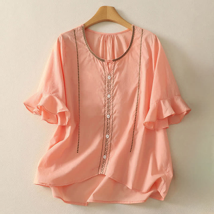 Buddha Stones Camicia da donna estiva in stile boho casual con bottoni, maniche a campana e volant, a maniche corte. - Salmone chiaro - US12, UK/AU16, EU44 (2XL) - image 10