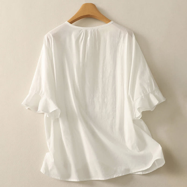 Buddha Stones Camicia da donna estiva in stile boho casual con bottoni, maniche a campana e volant, a maniche corte. - image 17