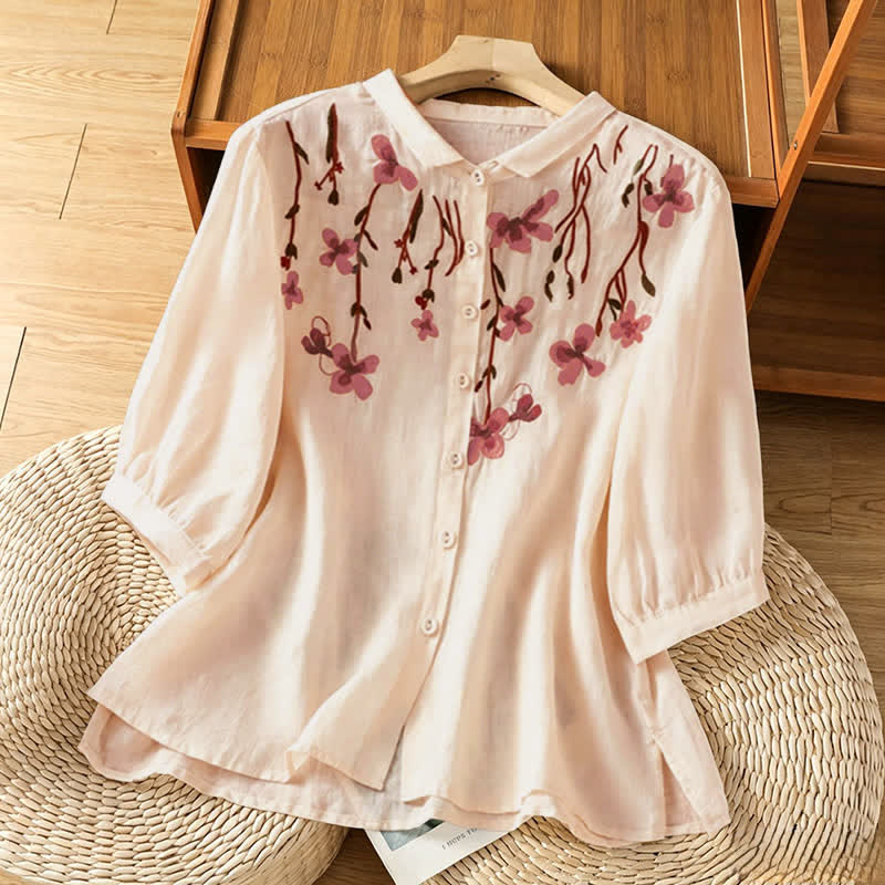 Buddha Stones Camicie estive vintage da donna a maniche corte con ricami floreali. - PeachPuff - US8-10, UK/AU12-14, EU40-42 (2XL) - image 0