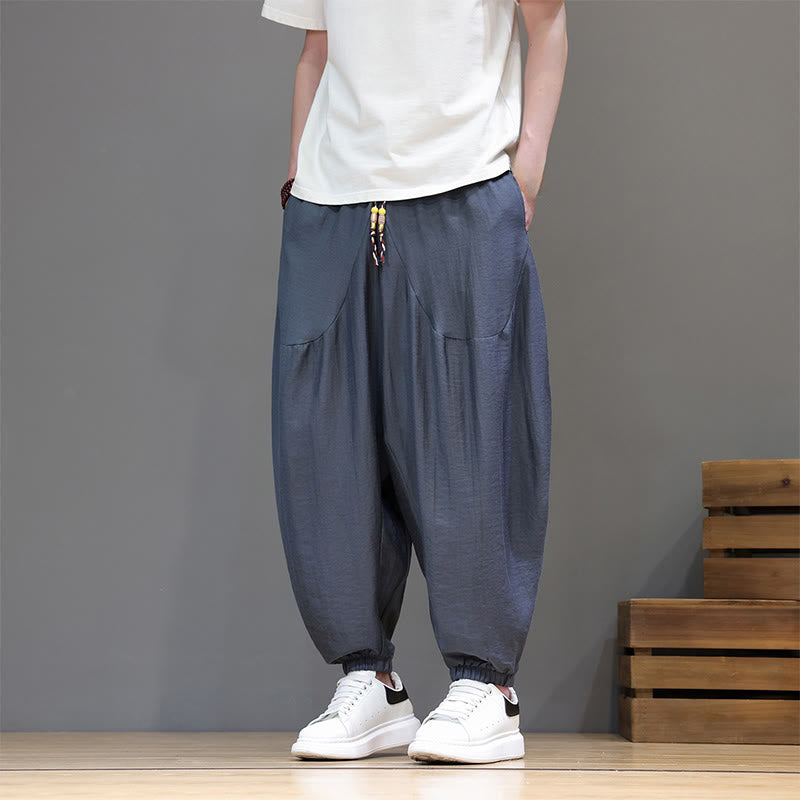Buddha Stones Pantaloni corti da uomo estivi casual vintage con coulisse in cotone tinta unita, modello harem con tasca - image 1