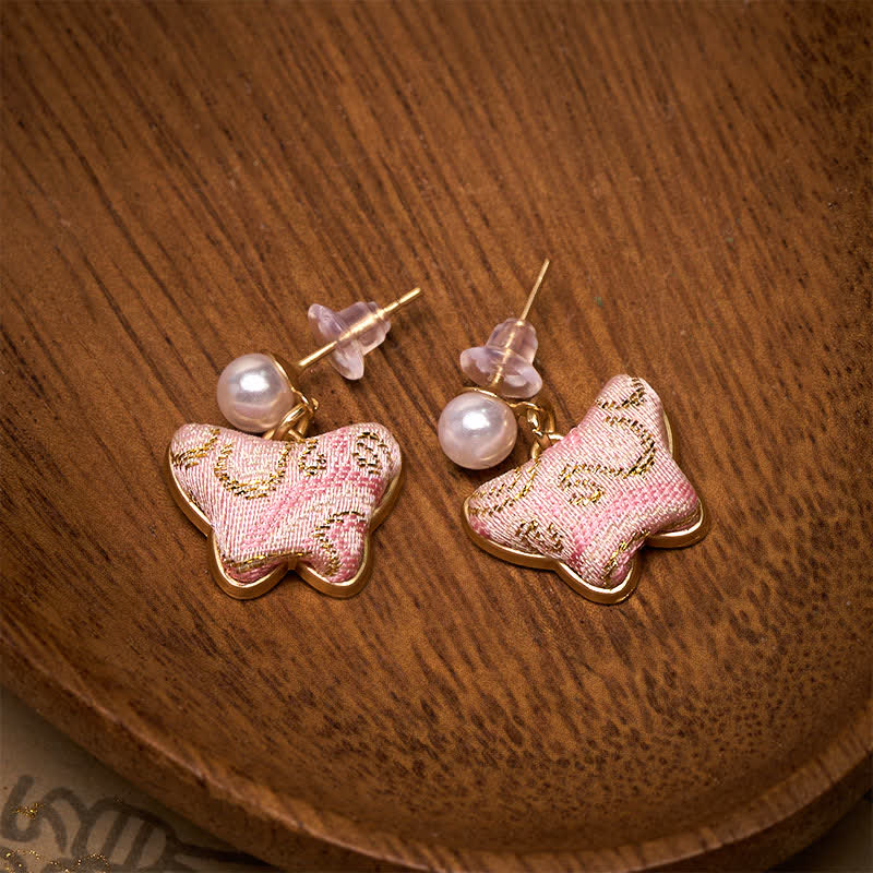 Buddha Stones Orecchini vintage in stile cinese con farfalla di perle e broccato Song. - image 2