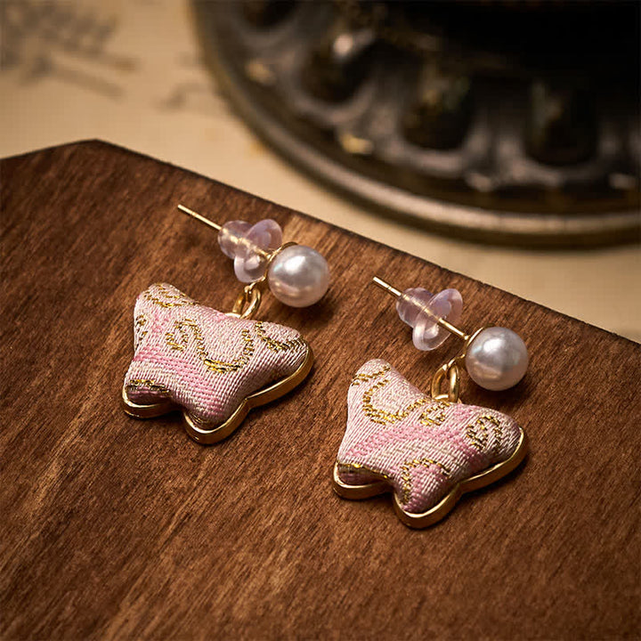 Buddha Stones Orecchini vintage in stile cinese con farfalla di perle e broccato Song. - image 3