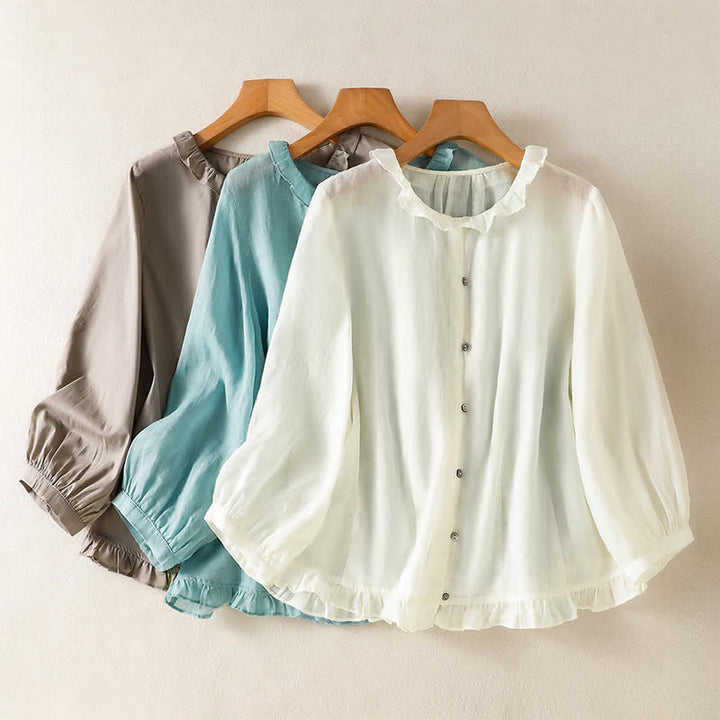 Buddha Stones Camicia da donna estiva casual vintage con bottoni, scollo rotondo e volant, a maniche lunghe. - image 26