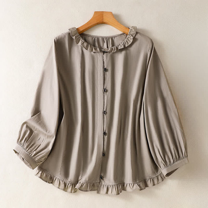 Buddha Stones Camicia da donna estiva casual vintage con bottoni, scollo rotondo e volant, a maniche lunghe. - Marrone rosato - US12, UK/AU16, EU44 (2XL) - image 8