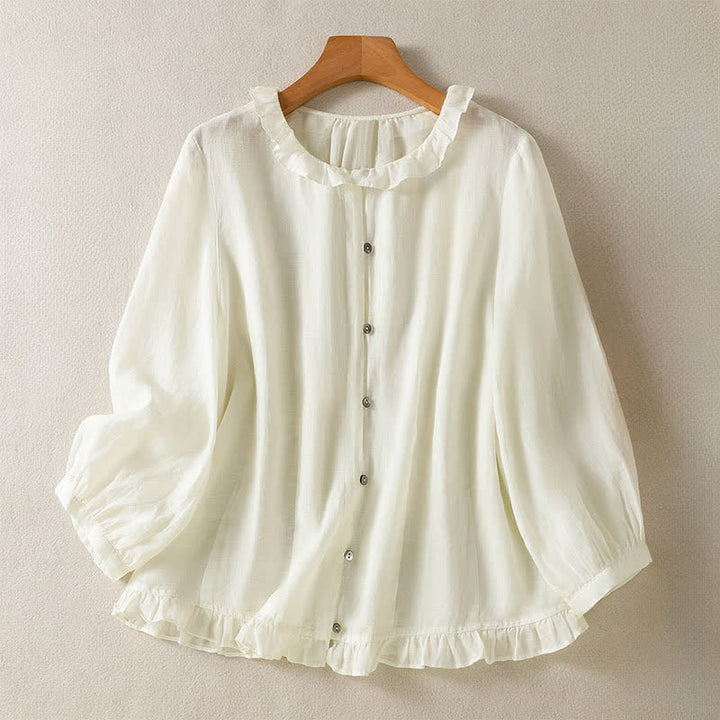 Buddha Stones Camicia da donna estiva casual vintage con bottoni, scollo rotondo e volant, a maniche lunghe. - Bianco antico - US12, UK/AU16, EU44 (2XL) - image 16