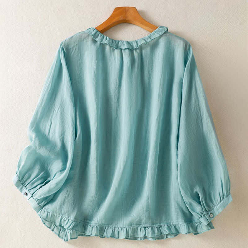 Buddha Stones Camicia da donna estiva casual vintage con bottoni, scollo rotondo e volant, a maniche lunghe. - image 1