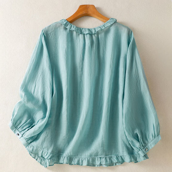 Buddha Stones Camicia da donna estiva casual vintage con bottoni, scollo rotondo e volant, a maniche lunghe. - image 1