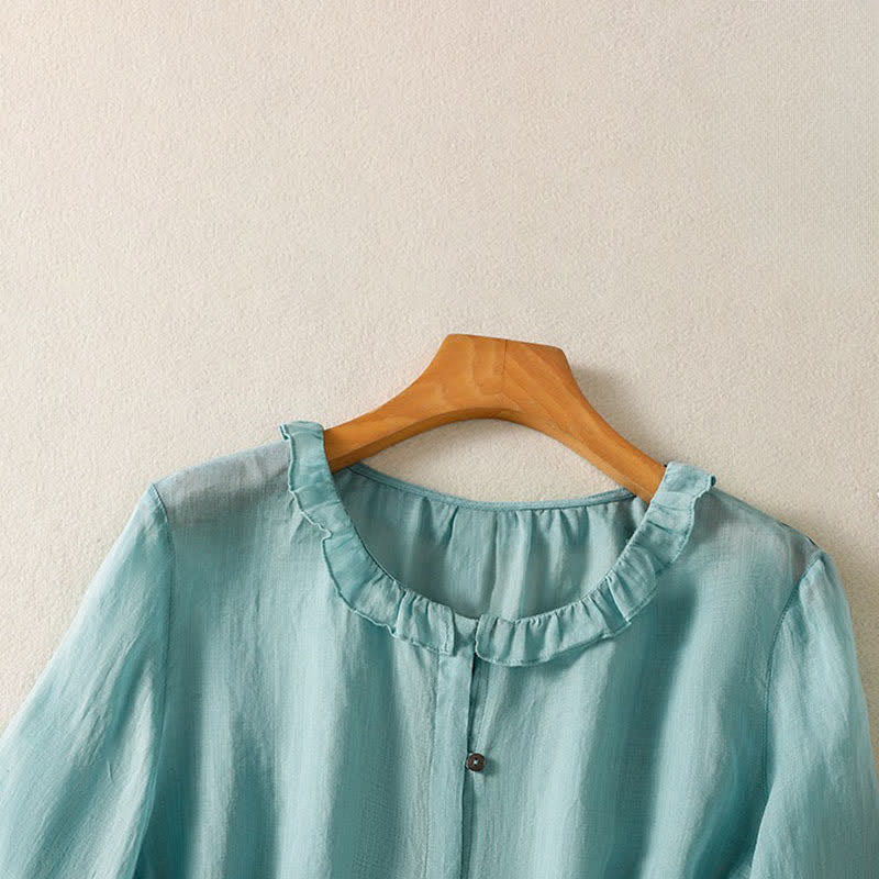 Buddha Stones Camicia da donna estiva casual vintage con bottoni, scollo rotondo e volant, a maniche lunghe. - image 2