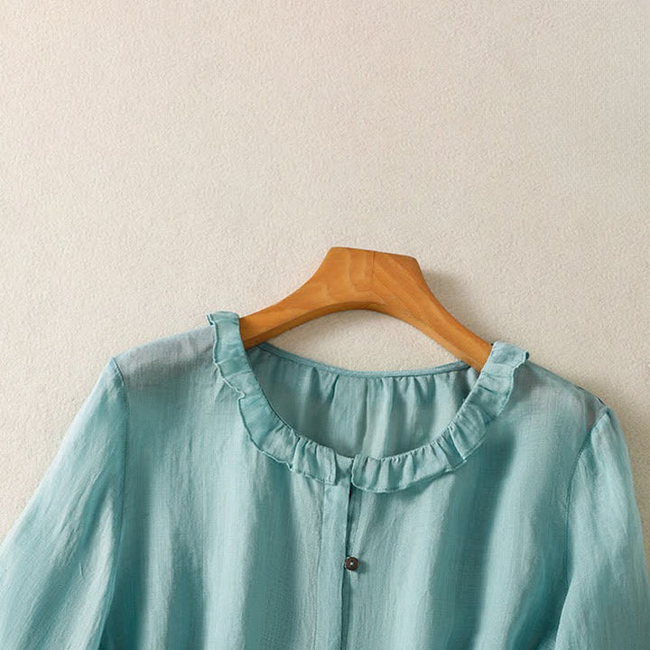 Buddha Stones Camicia da donna estiva casual vintage con bottoni, scollo rotondo e volant, a maniche lunghe. - image 2