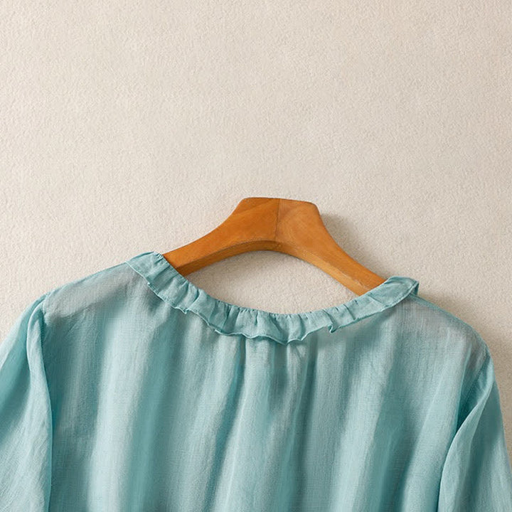 Buddha Stones Camicia da donna estiva casual vintage con bottoni, scollo rotondo e volant, a maniche lunghe. - image 3