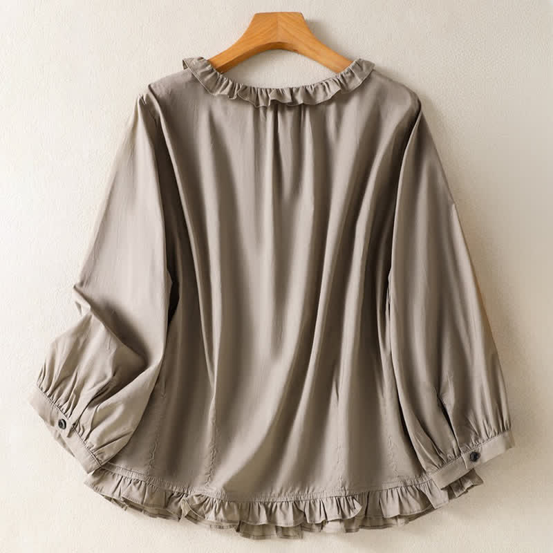 Buddha Stones Camicia da donna estiva casual vintage con bottoni, scollo rotondo e volant, a maniche lunghe. - image 9
