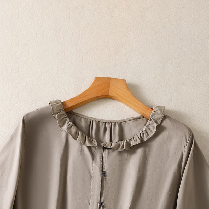 Buddha Stones Camicia da donna estiva casual vintage con bottoni, scollo rotondo e volant, a maniche lunghe. - image 10