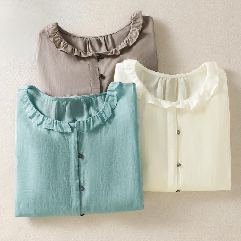 Buddha Stones Camicia da donna estiva casual vintage con bottoni, scollo rotondo e volant, a maniche lunghe. - image 27