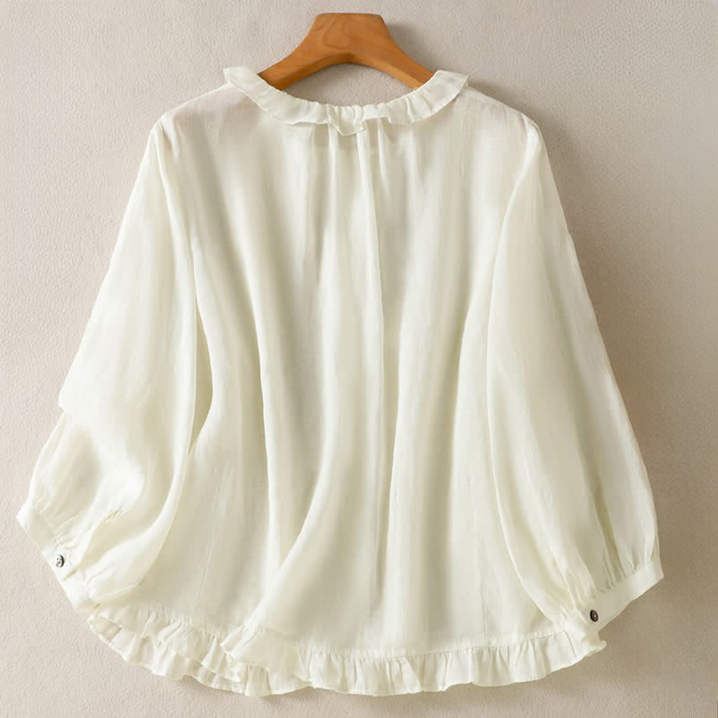 Buddha Stones Camicia da donna estiva casual vintage con bottoni, scollo rotondo e volant, a maniche lunghe. - image 17