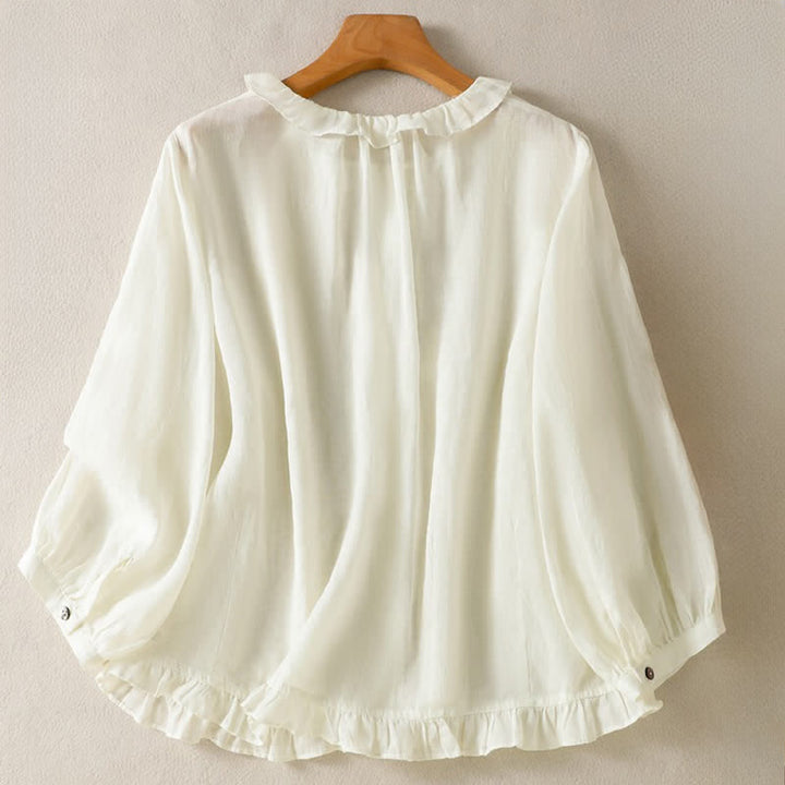 Buddha Stones Camicia da donna estiva casual vintage con bottoni, scollo rotondo e volant, a maniche lunghe. - image 17