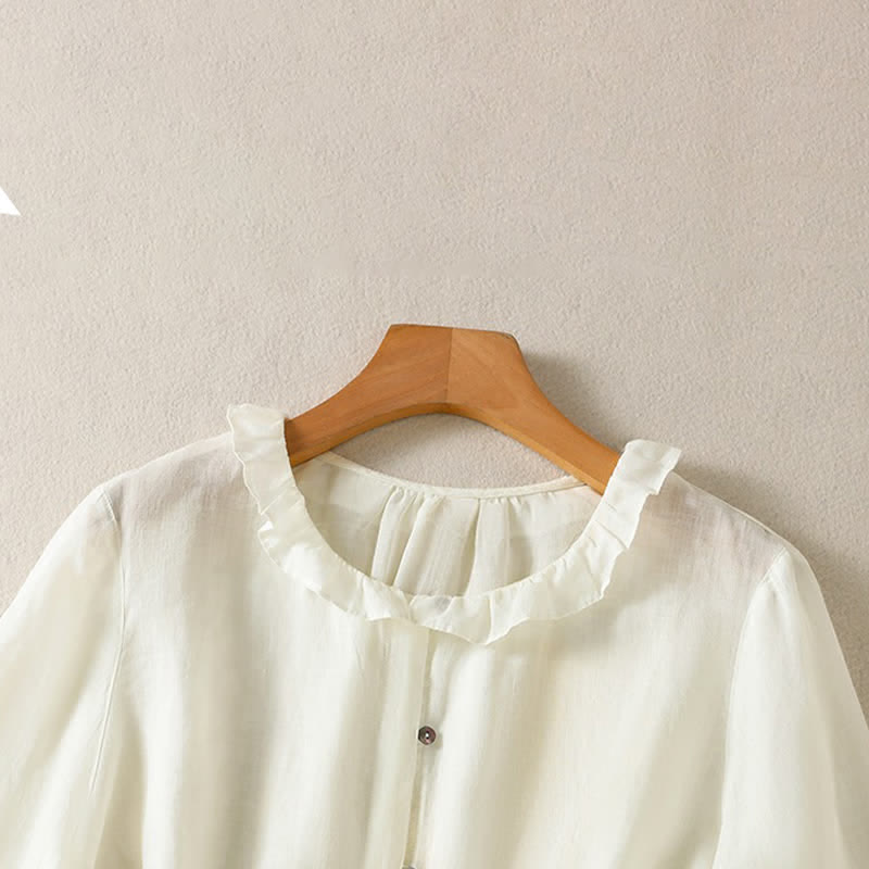 Buddha Stones Camicia da donna estiva casual vintage con bottoni, scollo rotondo e volant, a maniche lunghe. - image 18