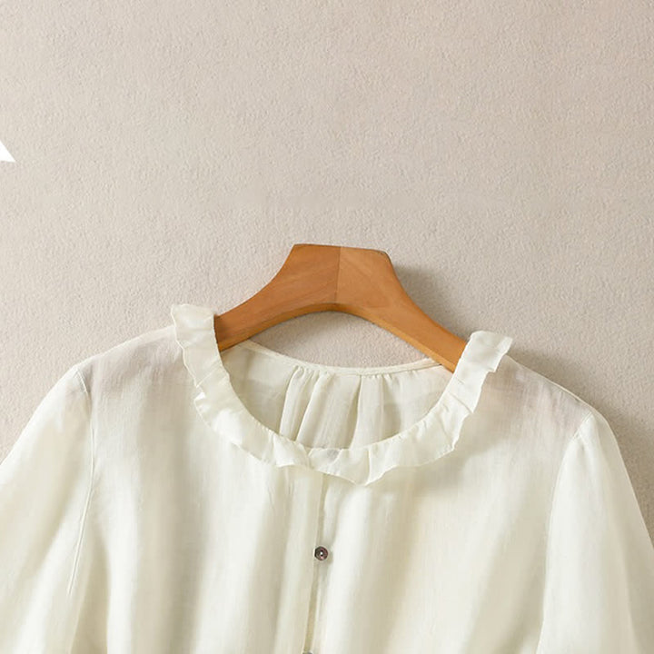 Buddha Stones Camicia da donna estiva casual vintage con bottoni, scollo rotondo e volant, a maniche lunghe. - image 18
