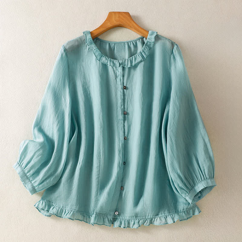 Buddha Stones Camicia da donna estiva casual vintage con bottoni, scollo rotondo e volant, a maniche lunghe. - Azzurro polvere - US12, UK/AU16, EU44 (2XL) - image 0
