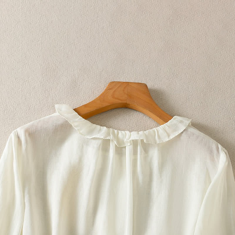 Buddha Stones Camicia da donna estiva casual vintage con bottoni, scollo rotondo e volant, a maniche lunghe. - image 19
