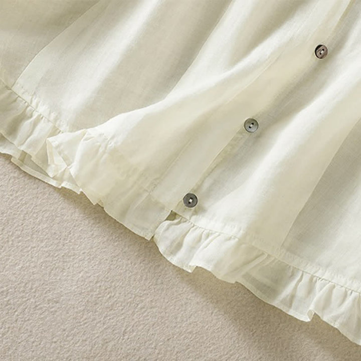 Buddha Stones Camicia da donna estiva casual vintage con bottoni, scollo rotondo e volant, a maniche lunghe. - image 22