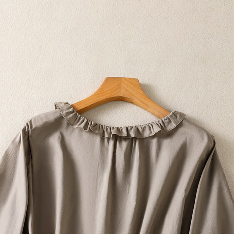 Buddha Stones Camicia da donna estiva casual vintage con bottoni, scollo rotondo e volant, a maniche lunghe. - image 11