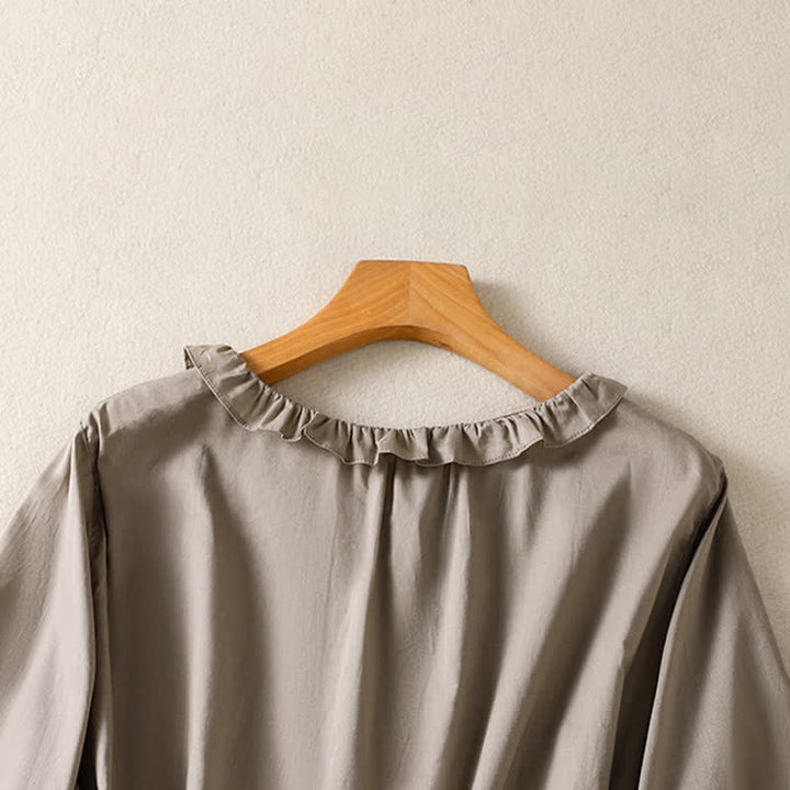 Buddha Stones Camicia da donna estiva casual vintage con bottoni, scollo rotondo e volant, a maniche lunghe. - image 11
