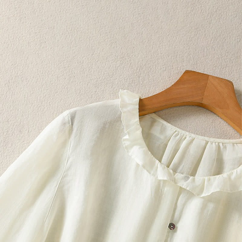 Buddha Stones Camicia da donna estiva casual vintage con bottoni, scollo rotondo e volant, a maniche lunghe. - image 20