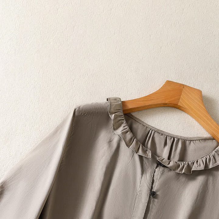 Buddha Stones Camicia da donna estiva casual vintage con bottoni, scollo rotondo e volant, a maniche lunghe. - image 12