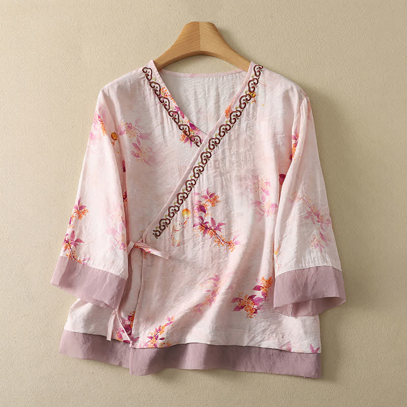Buddha Stones T-shirt da donna estiva vintage stile Tang con scollo a V e ricami floreali, maniche a tre quarti. - Rosa lavanda - US8-10, UK/AU12-14, EU40-42 (2XL) - image 0