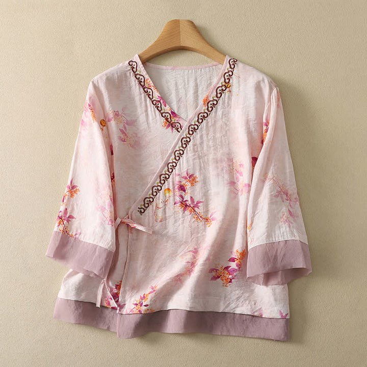 Buddha Stones T-shirt da donna estiva vintage stile Tang con scollo a V e ricami floreali, maniche a tre quarti. - Rosa lavanda - US8-10, UK/AU12-14, EU40-42 (2XL) - image 0