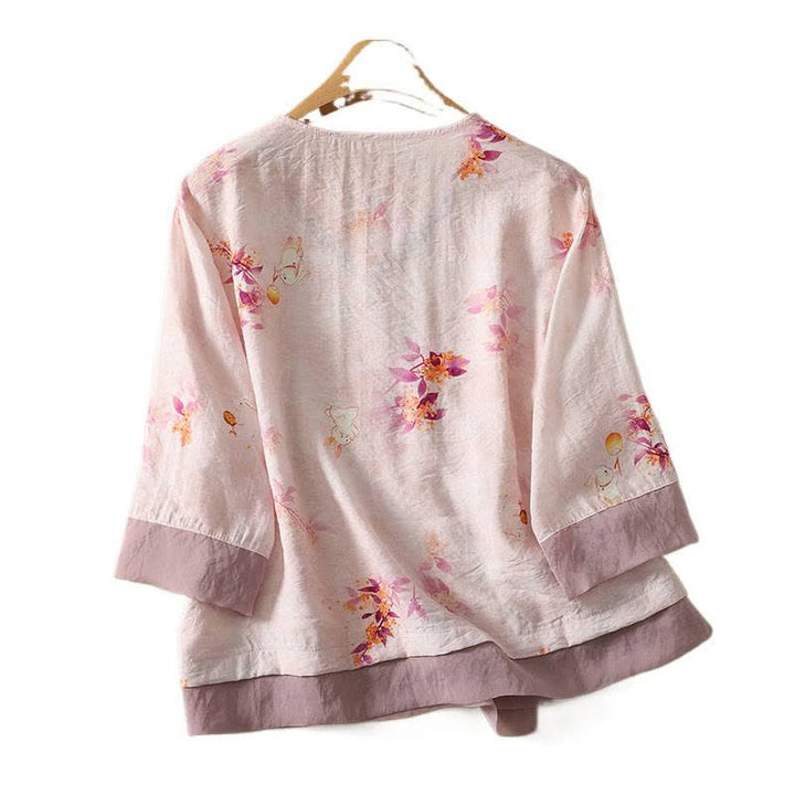 Buddha Stones T-shirt da donna estiva vintage stile Tang con scollo a V e ricami floreali, maniche a tre quarti. - image 1