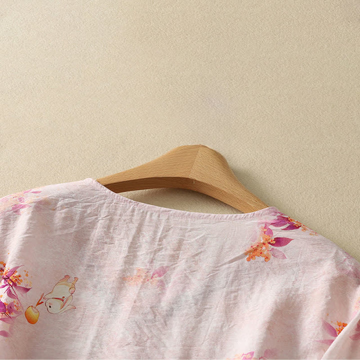 Buddha Stones T-shirt da donna estiva vintage stile Tang con scollo a V e ricami floreali, maniche a tre quarti. - image 3