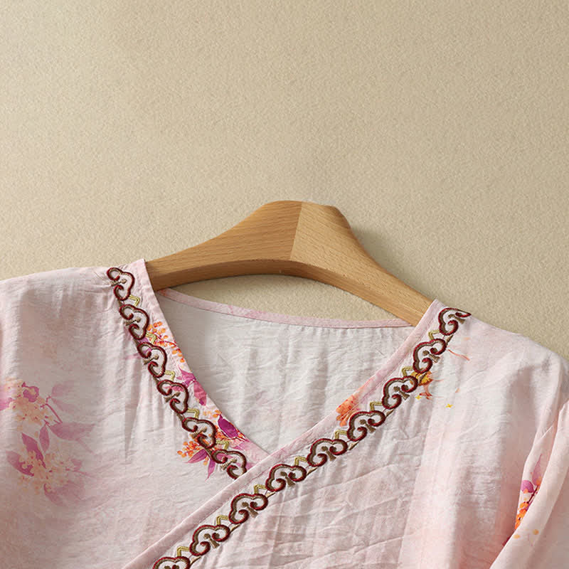 Buddha Stones T-shirt da donna estiva vintage stile Tang con scollo a V e ricami floreali, maniche a tre quarti. - image 2