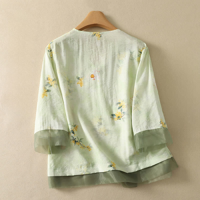 Buddha Stones T-shirt da donna estiva vintage stile Tang con scollo a V e ricami floreali, maniche a tre quarti. - image 10