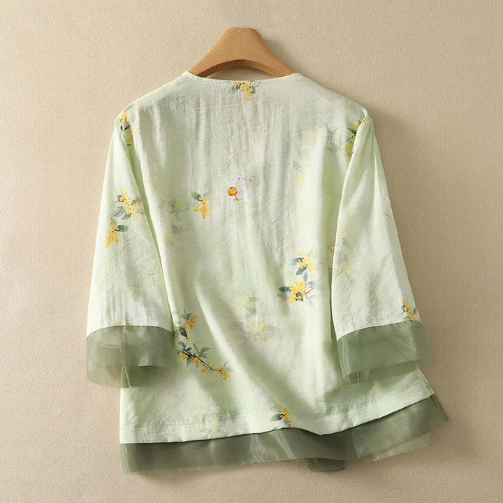 Buddha Stones T-shirt da donna estiva vintage stile Tang con scollo a V e ricami floreali, maniche a tre quarti. - image 10