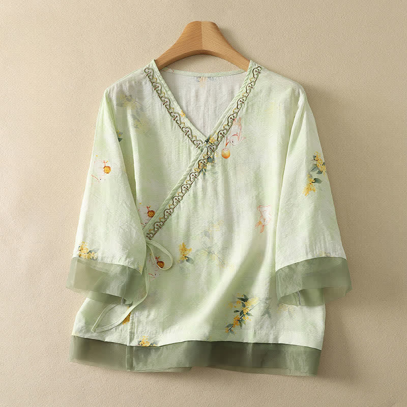 Buddha Stones T-shirt da donna estiva vintage stile Tang con scollo a V e ricami floreali, maniche a tre quarti. - Verde pallido - US8-10, UK/AU12-14, EU40-42 (2XL) - image 9
