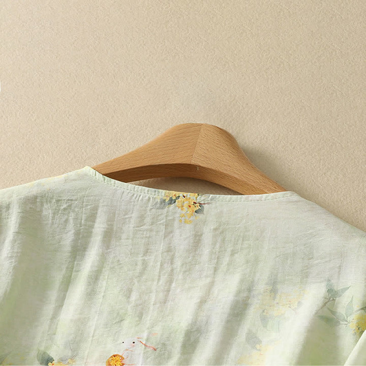 Buddha Stones T-shirt da donna estiva vintage stile Tang con scollo a V e ricami floreali, maniche a tre quarti. - image 12