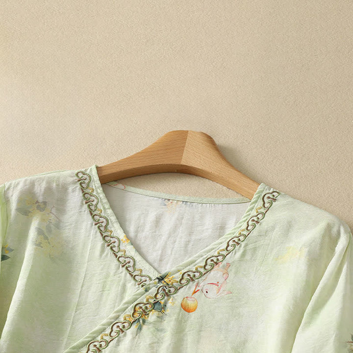 Buddha Stones T-shirt da donna estiva vintage stile Tang con scollo a V e ricami floreali, maniche a tre quarti. - image 11