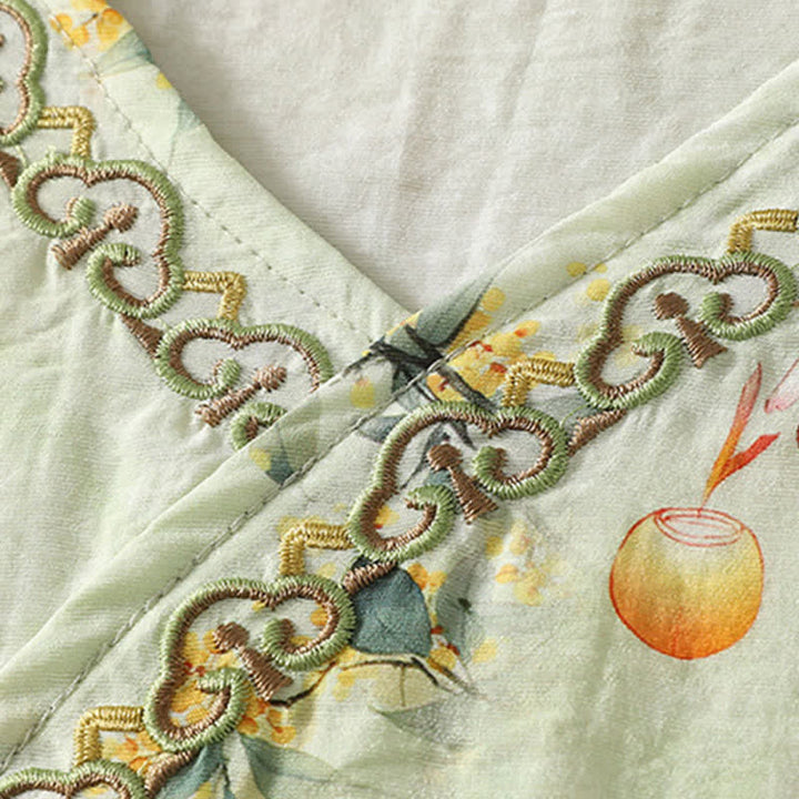 Buddha Stones T-shirt da donna estiva vintage stile Tang con scollo a V e ricami floreali, maniche a tre quarti. - image 13
