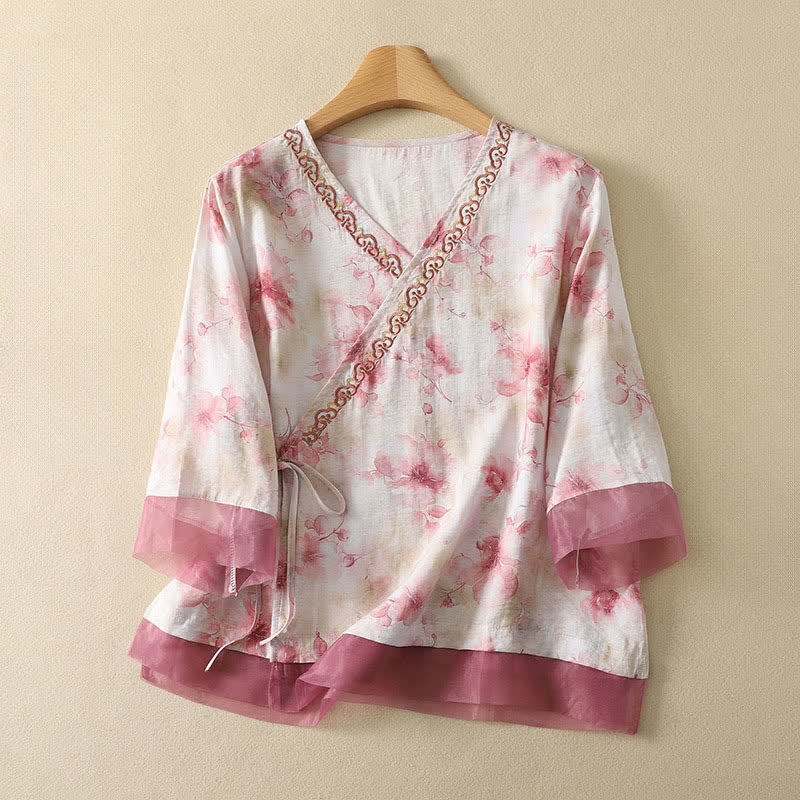 Buddha Stones T-shirt da donna estiva vintage stile Tang con scollo a V e ricami floreali, maniche a tre quarti. - Rosa Nebbiosa - US8-10, UK/AU12-14, EU40-42 (2XL) - image 17