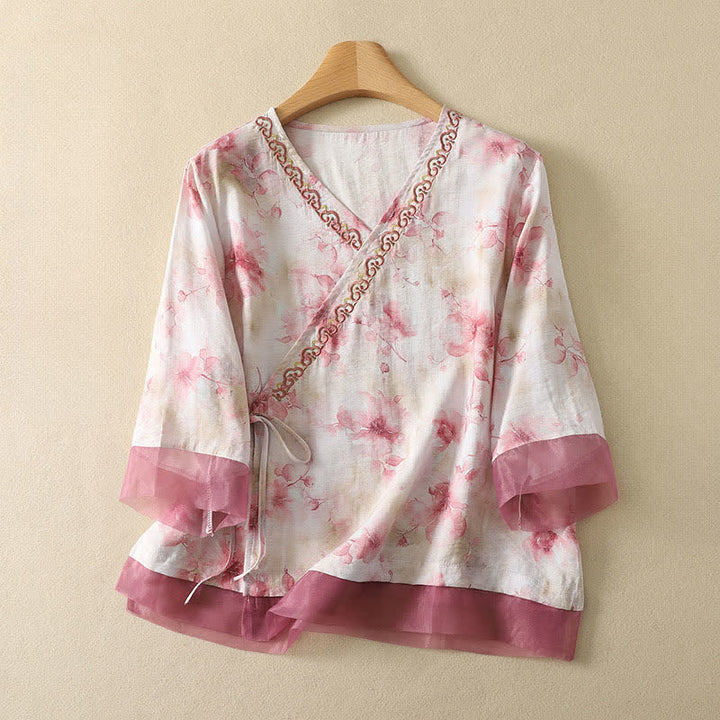 Buddha Stones T-shirt da donna estiva vintage stile Tang con scollo a V e ricami floreali, maniche a tre quarti. - Rosa Nebbiosa - US8-10, UK/AU12-14, EU40-42 (2XL) - image 17
