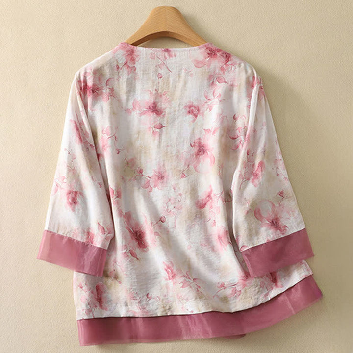 Buddha Stones T-shirt da donna estiva vintage stile Tang con scollo a V e ricami floreali, maniche a tre quarti. - image 18